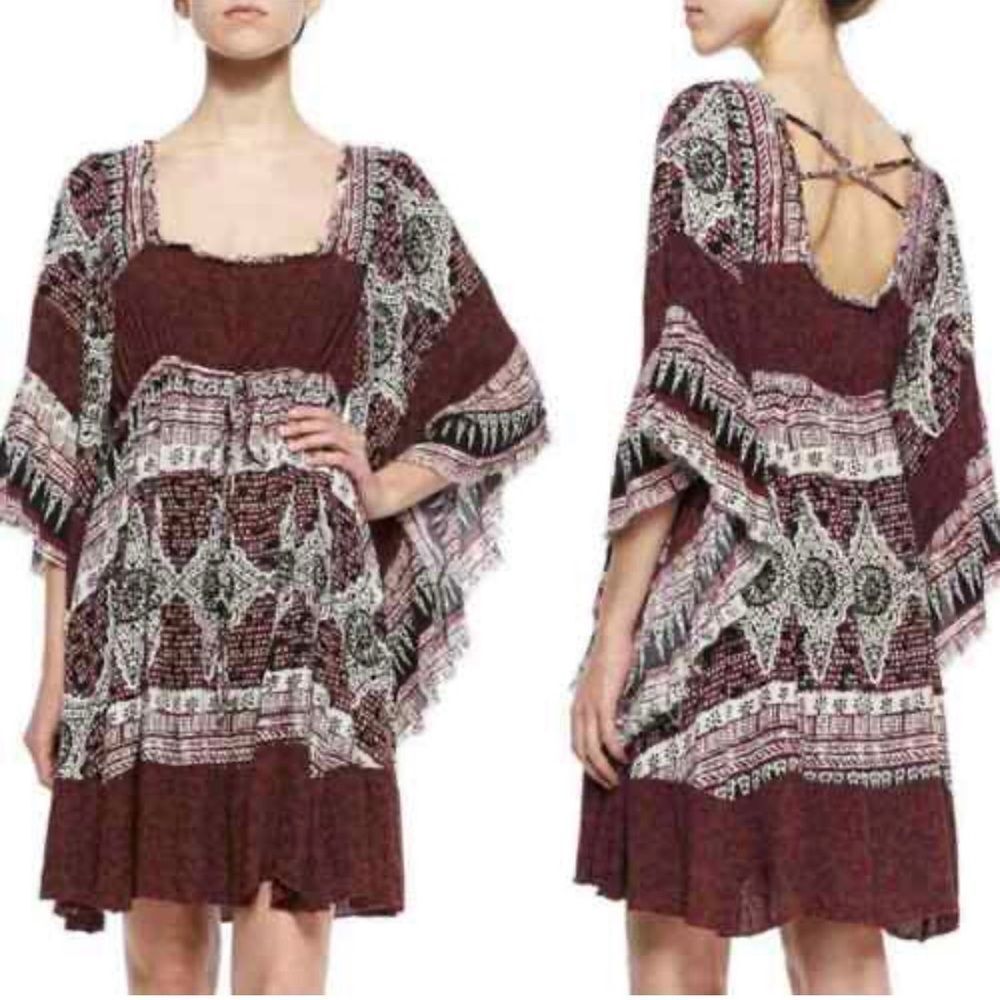 Free People Heart Of Gold Scarlet Combo Burgandy Boho Chic Tunic Mini Dress XS